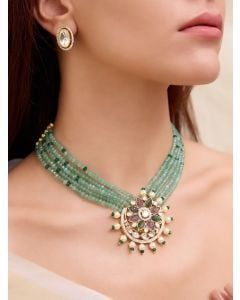 Green Handcrafted Necklace with Earrings- Set of 2