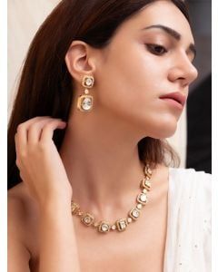 Gold Toned Handcrafted Necklace with Earrings- Set of 2