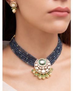 Blue Handcrafted Brass Necklace with Earrings- Set of 2