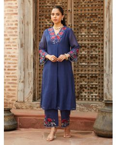 Blue Embroidered Chanderi Kurta with Pants- Set of 2