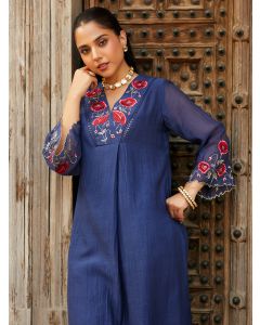 Blue Embroidered Chanderi Kurta with Pants- Set of 2