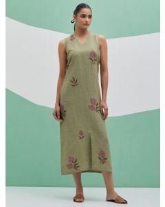 Green Hand Block Printed Linen Dress