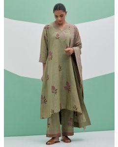 Green Hand Block Printed Linen Suit- Set of 3