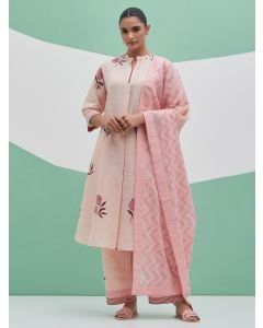 Peach Hand Block Printed Linen Suit- Set of 3