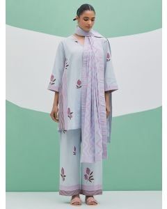 Sky Blue Hand Block Printed Linen Suit- Set of 3