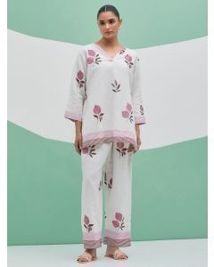 White Hand Block Printed Linen Co-ord Set- Set of 2