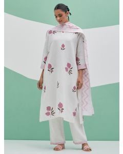 White Hand Block Printed Linen Suit- Set of 3