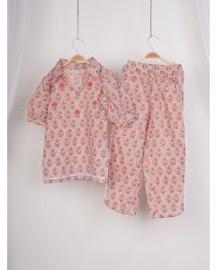 Peach Printed Cotton Kurta with Pants - Set of 2