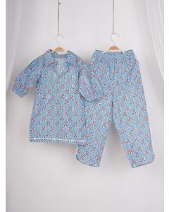 Sky Blue Printed Cotton Kurta with Pants - Set of 2