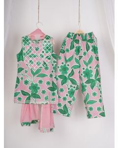 Pink Green Printed Cotton Suit - Set of 3