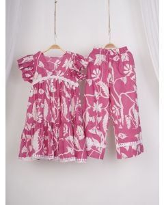 Pink Printed Cotton Kurta with Pants - Set of 2