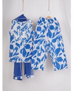 White Blue Printed Cotton Suit - Set of 3