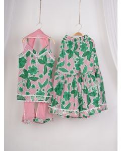 Pink Green Printed Cotton Sharara Suit - Set of 3