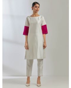 White Silk Blend Kurta with Pants- Set of 2