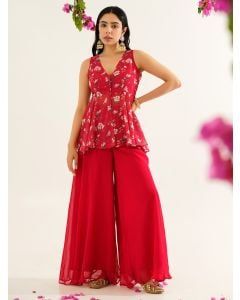 Red Printed Crepe Peplum Top with Sharara - Set of 2