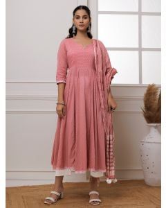Coral Polka Dot Hand Block Printed Mulmul Suit- Set of 3