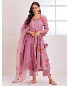 Pink Hand Painted Mulmul Suit - Set of 3