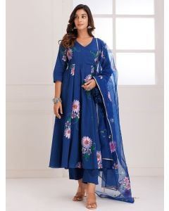 Blue Hand Painted Mulmul Suit - Set of 3
