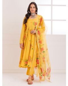Yellow Hand Painted Mulmul Suit - Set of 3