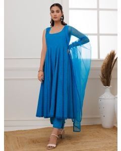 Blue Embroidered Cotton Suit- Set of 3