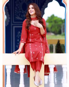 Red Hand Embroidered Modal Suit - Set of 3