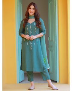 Green Hand Embroidered Modal Suit - Set of 3