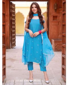Turquoise Blue Hand Embroidered Modal Suit - Set of 3