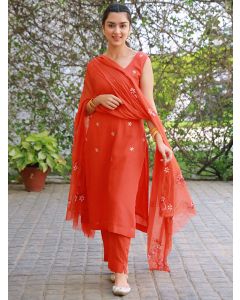 Orange Hand Embroidered Modal Suit - Set of 3