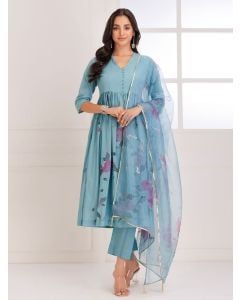 Blue Hand Painted Mulmul Suit - Set of 3