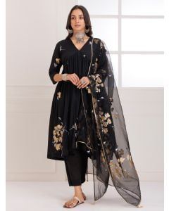 Black Hand Painted Mulmul Suit - Set of 3