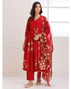 Red Hand Painted Mulmul Suit - Set of 3