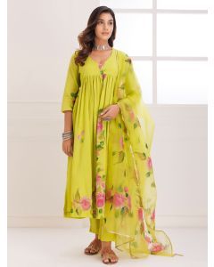 Green Hand Painted Mulmul Suit - Set of 3