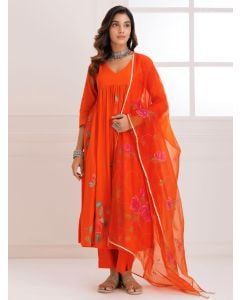 Orange Hand Painted Mulmul Suit - Set of 3