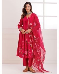 Magenta Hand Painted Mulmul Suit - Set of 3