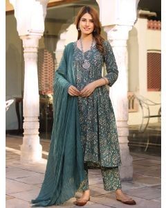 Bottle Green Hand Block Printed Mulmul Suit- Set of 3