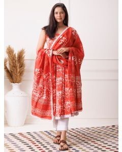 Red Dabu Hand Block Printed Cotton Mulmul Suit- Set of 3