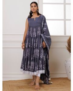 Grey Hand Block Printed Mulmul Suit- Set of 3
