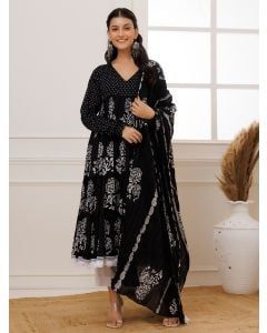 Black Hand Block Printed Mulmul Suit- Set of 3