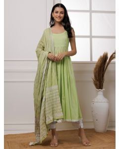 Pista Green Polka Dot Hand Block Printed Mulmul Suit- Set of 3