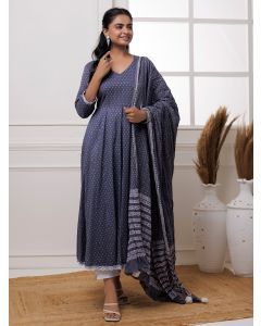 Grey Polka Dot Hand Block Printed Mulmul Suit- Set of 3
