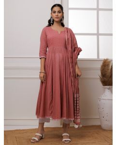 Coral Polka Dot Hand Block Printed Mulmul Suit- Set of 3