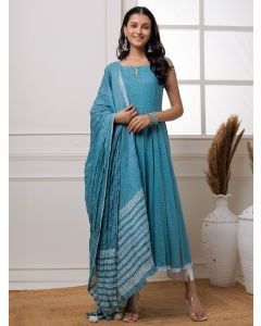 Turquoise Polka Dot Hand Block Printed Mulmul Suit- Set of 3