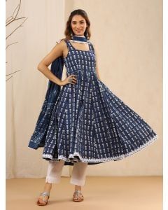 Indigo Hand Block Printed Mulmul Suit- Set of 3