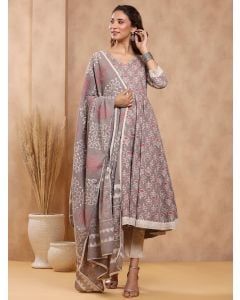 Grey Hand Block Printed Mulmul Suit- Set of 3