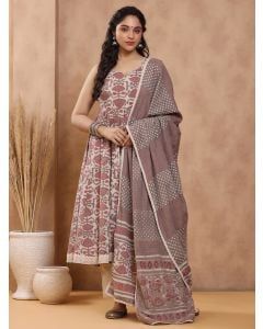 Grey Hand Block Printed Mulmul Suit- Set of 3
