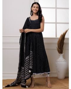 Black Polka Dot Hand Block Printed Mulmul Suit- Set of 3