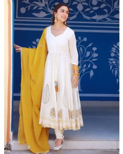 Beige Hand Block Printed Mulmul Suit- Set of 3