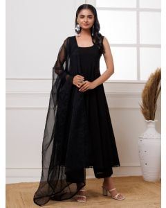 Black Embroidered Cotton Suit- Set of 3