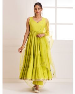 Lime Green Gota Mulmul Suit- Set of 3