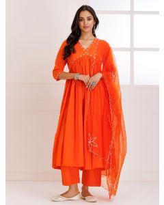 Orange Sequins Work Mulmul Suit- Set of 3